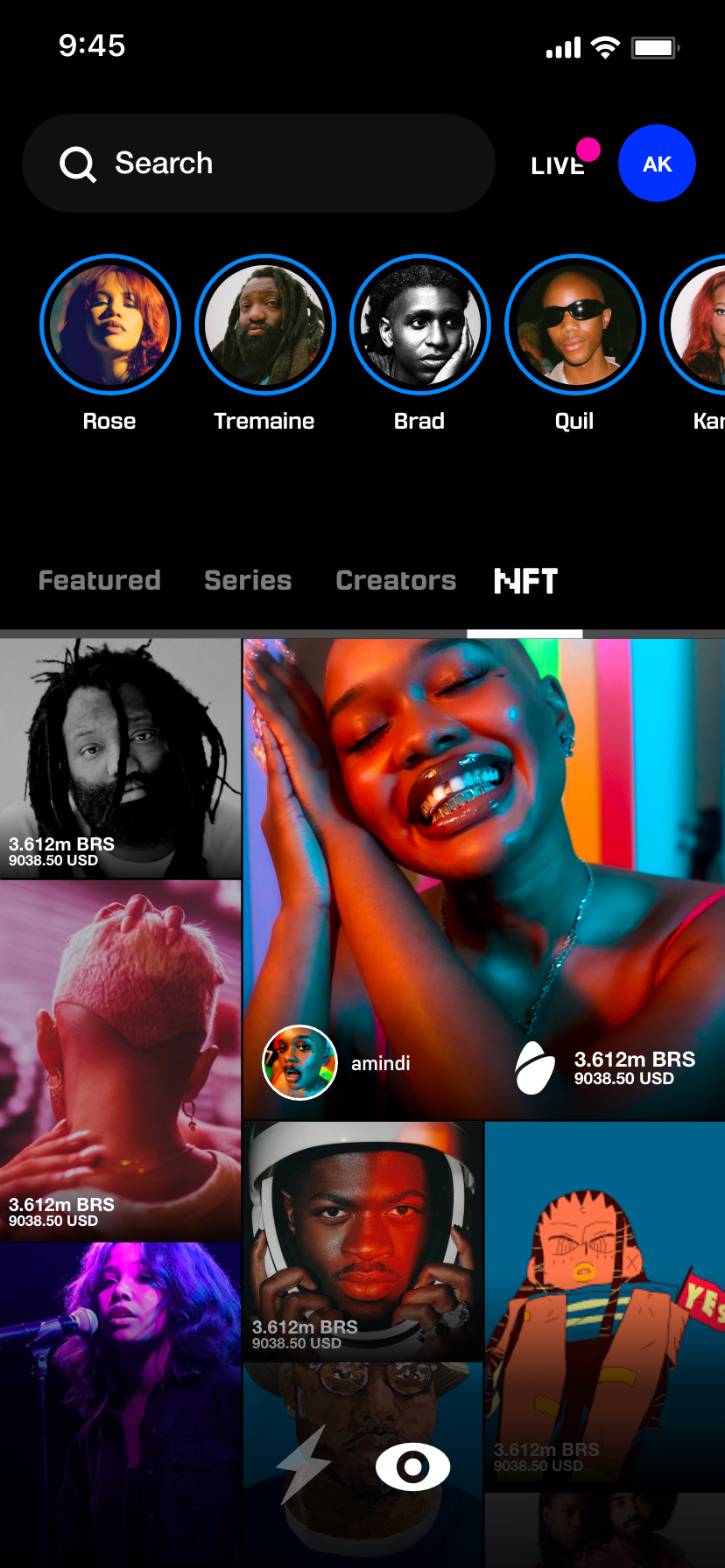 a screenshot of the blacktag app with colorful nfts available to purchase