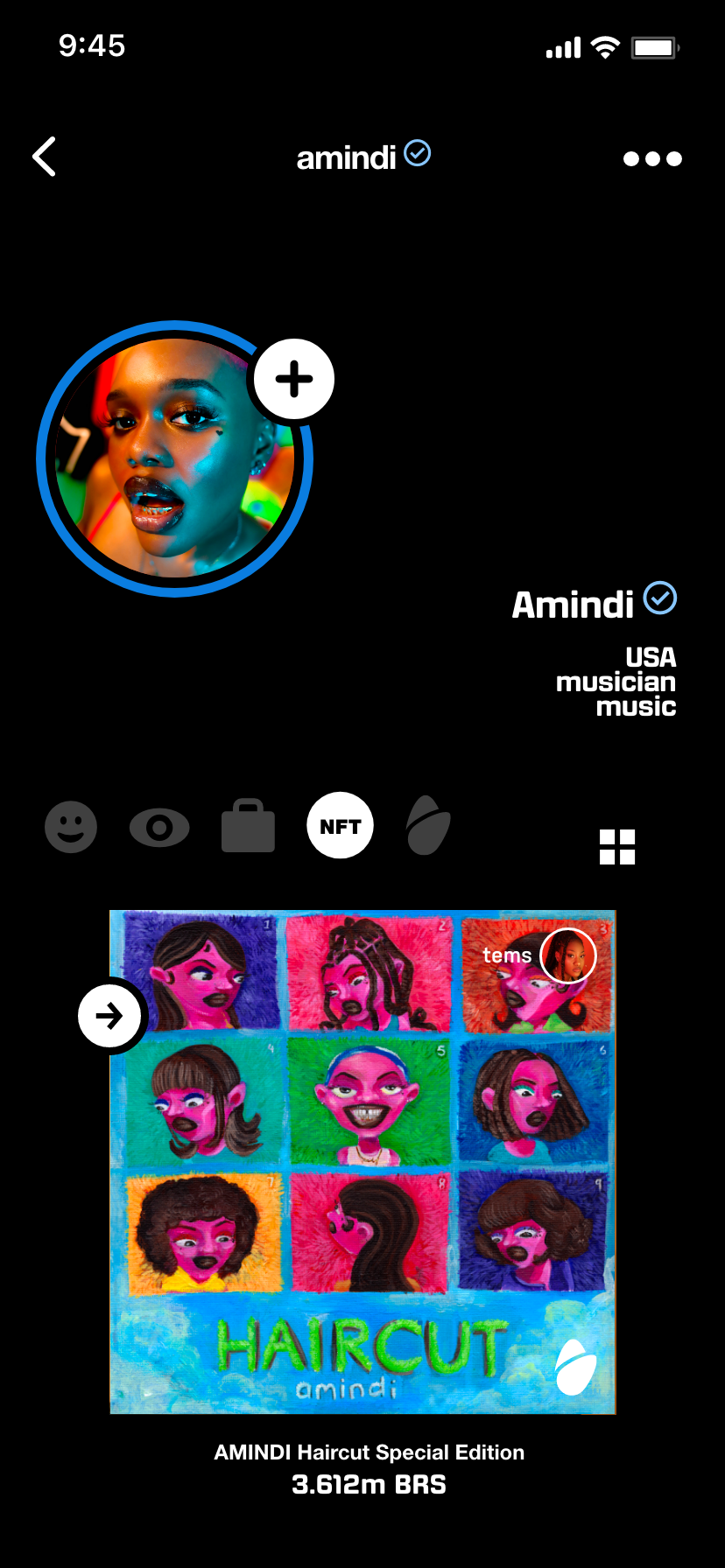 a screenshot of the artist page for the musician amindi, pictured with dark lipstick and smokey eye makeup, along with nfts for sale