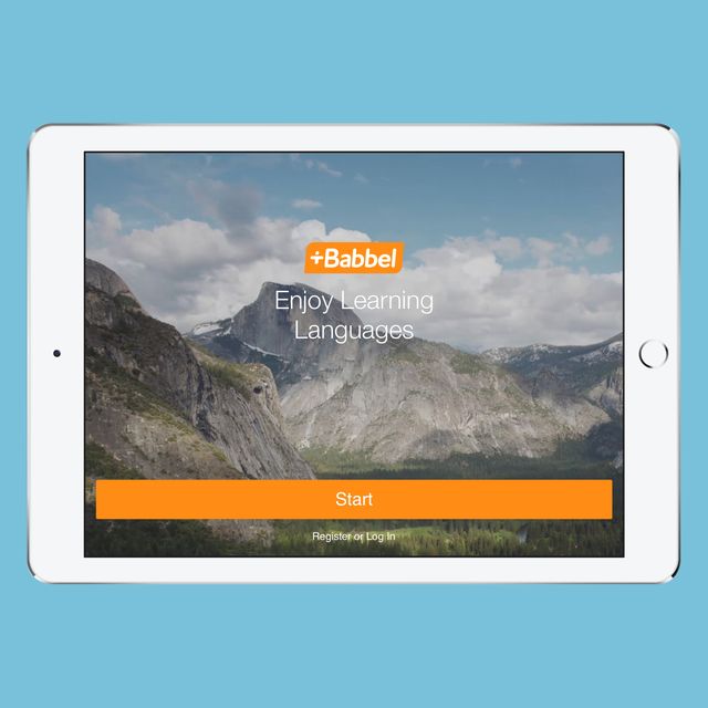 Babbel app on a white iPad against a light blue background 