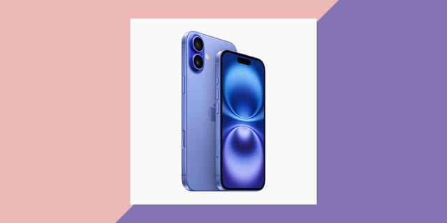 apple iphone 16 and iphone 16 plus smartphones displayed against a colourful background