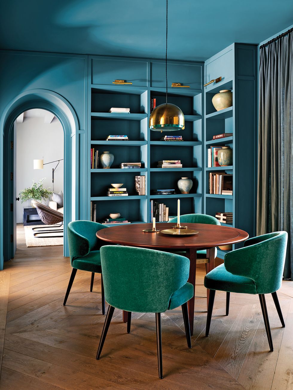 Room, Furniture, Dining room, Interior design, Turquoise, Blue, Green, Building, Table, Wall, 
