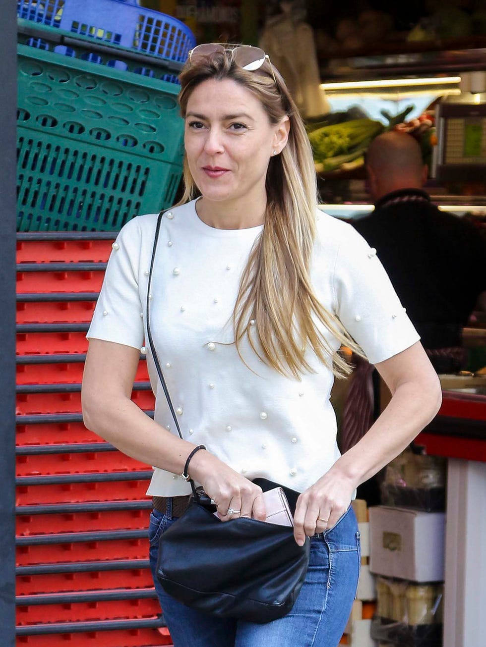White, Clothing, Beauty, Fashion, Long hair, Jeans, Blond, Neck, Waist, Sleeve, 