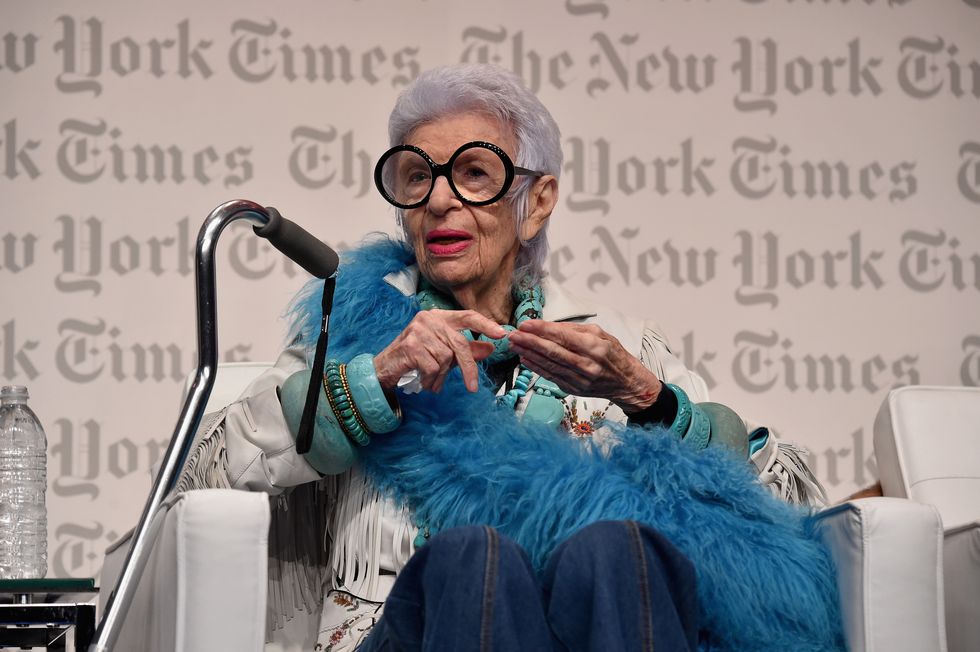 miami, fl december 03 iris apfel, design entrepreneur speaks onstage at the the new york times international luxury conference at mandarin oriental on december 3, 2014 in miami, florida photo by larry busaccagetty images for the new york times international luxury conference