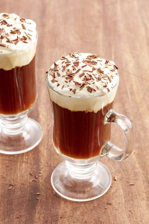 irish coffee in a glass with chocolate shavings