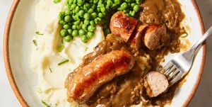 irish sausages and champ with green peas