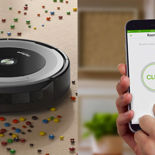 iRobot roomba 960 cleaning a floor and an iphone displaying the roomba app