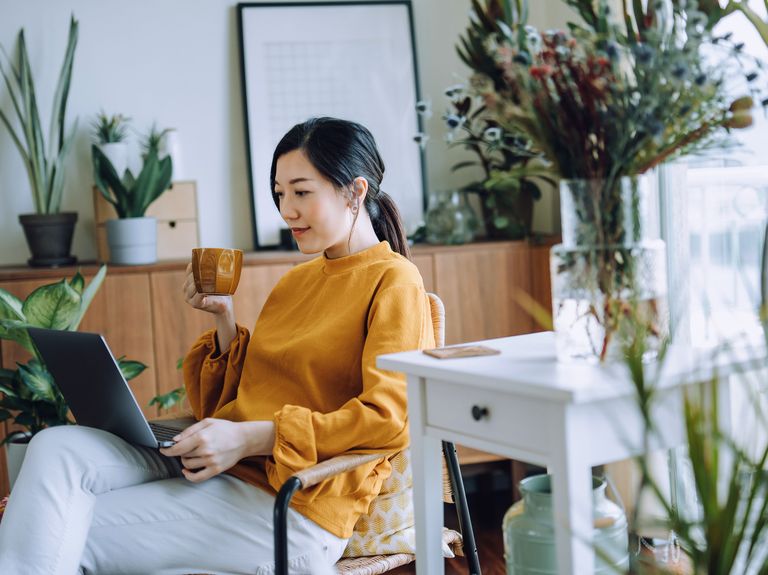 young asian woman sitting on armchair using laptop while relaxing in living room at home, surrounded by green houseplants lifestyle and technology