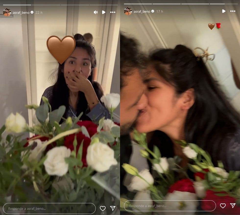 el beso de asraf beno e isa pantoja tras el regalo de un ramo de flores