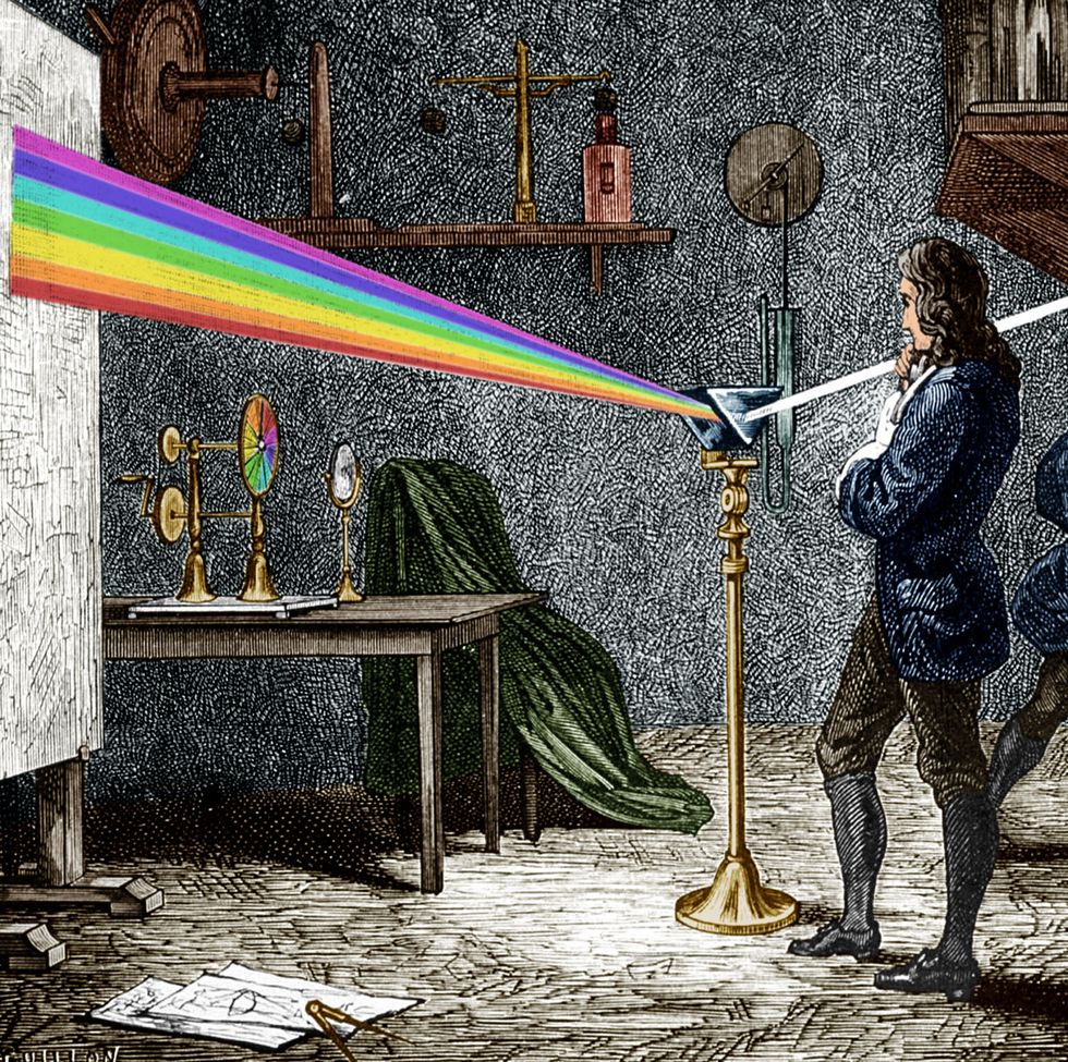 isaac newton 1642 1727 english mathematician, physicist and astronomer, author of the theory of terrestrial universal attraction, here dispersing light with a glass prism, engraving colorized document