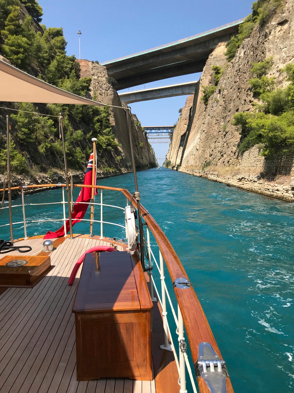 boat sailing the corinth canal in greece