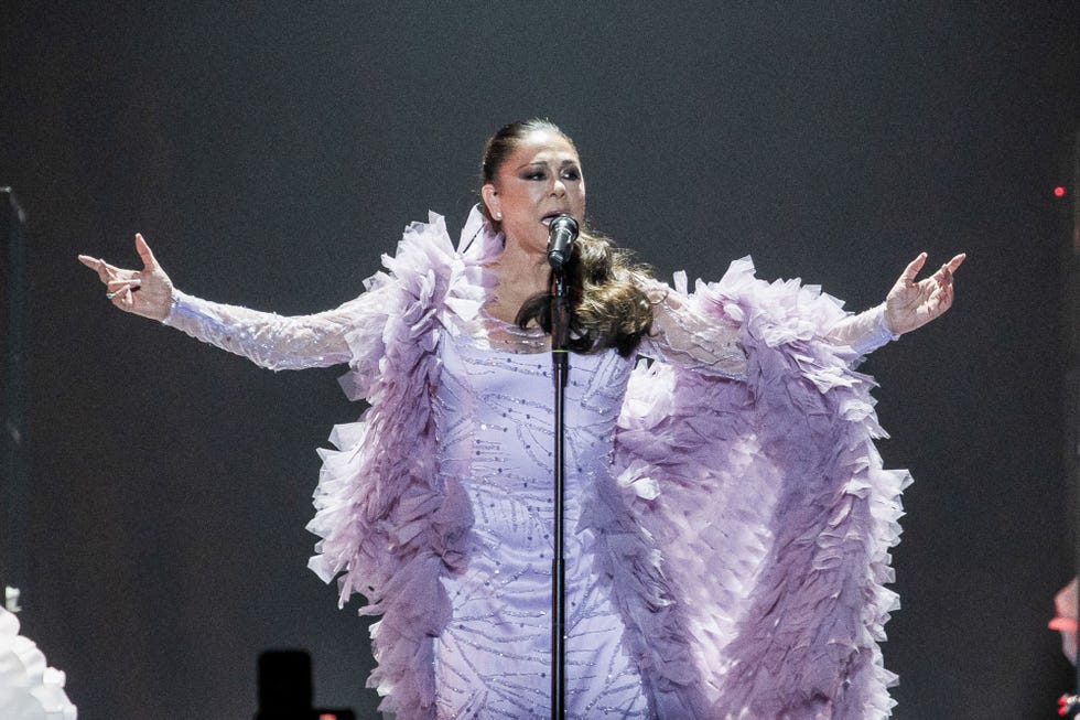 la cantante con un vestido en color malva