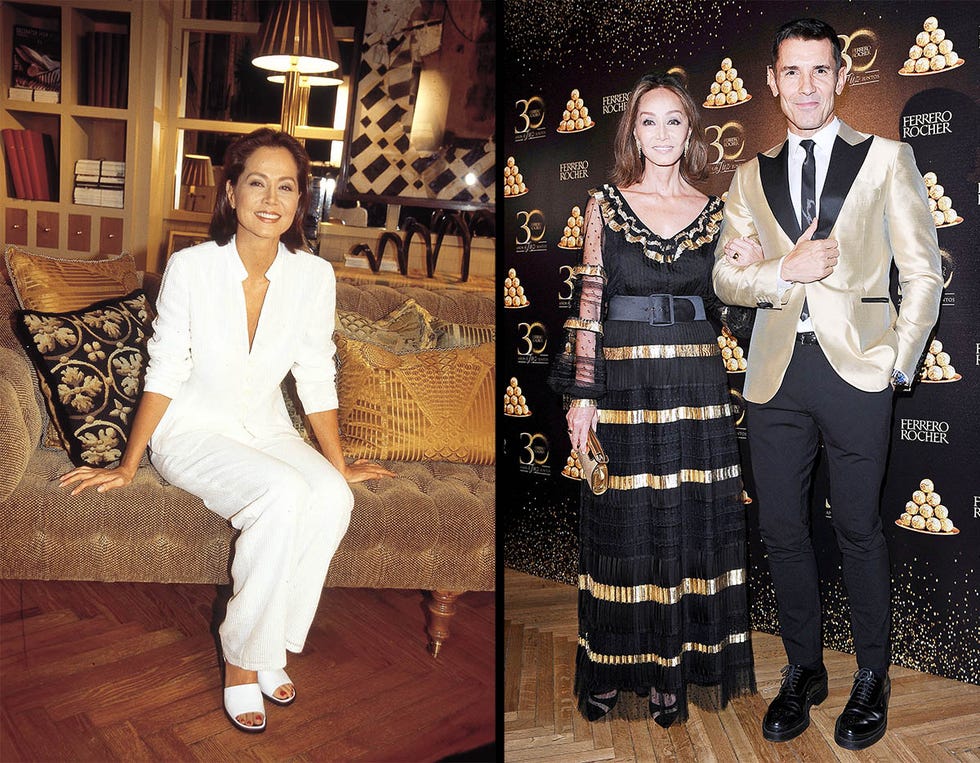 isabel preysler en su época de presentadora en 1998 y junto a jesús vázquez en un acto promocional de ferrero rocher en 2019