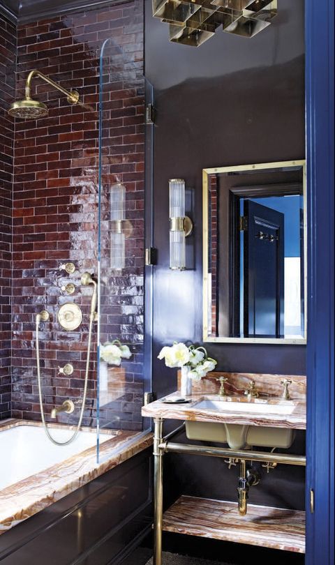 tiled bathroom in blues and browns