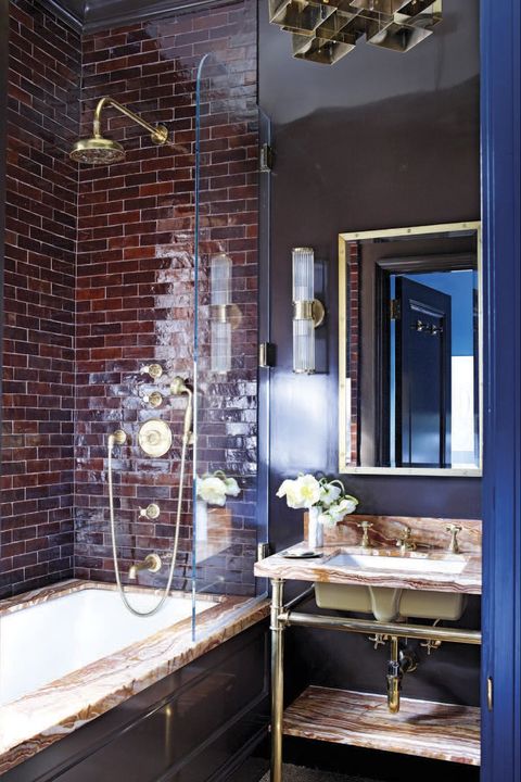 tiled bathroom in blues and browns