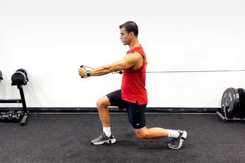 cable machine workout, isometric split squat with one arm chest press