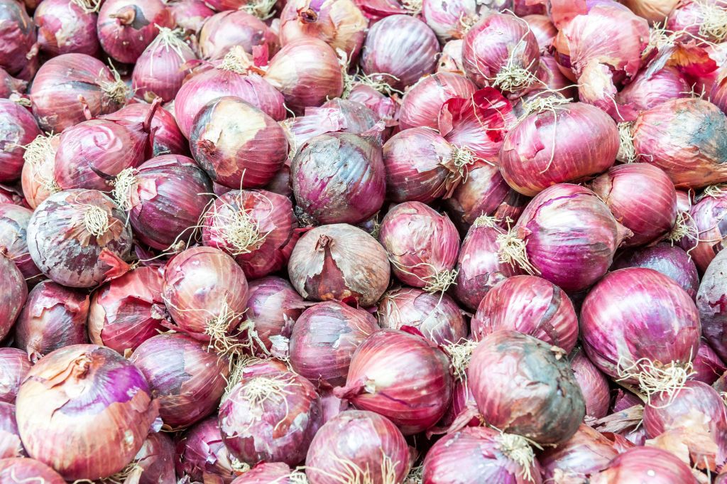 red onions sold at shuk hacarmel market, tel aviv, israel