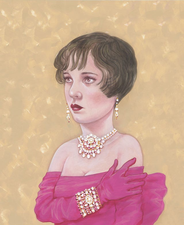 illustration of flapper style woman with dark bob haircut, red lips, and diamond jewelry—depicting lorelei lee, protagonist of gentlemen prefer blondes.