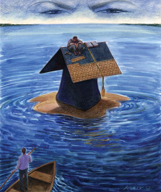 a man sits on the rooftop of a sinking house in the middle of a vast blue lake, his body hunched in reflection. above, two eyes watch from the clouds.