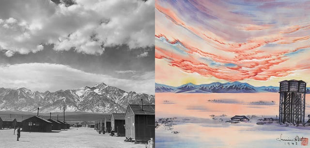 ansel adams, rows of barracks at the manzanar ware relocation center in owens valley california, chiura obata, untitled, topaz water tower with sunset, topaz relocation center, utah