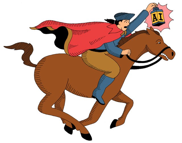 illustration of a rider in a red cape galloping on a brown horse while holding a lantern labeled “ai,” symbolizing a historic and forward looking approach to artificial intelligence.