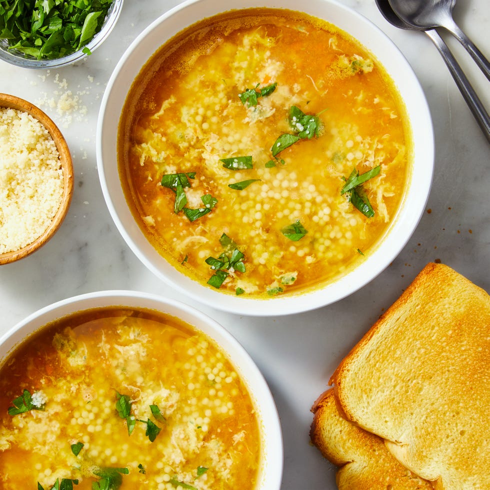 italian penicillin soup with acini di pepe egg drop and chicken broth and parmigiano
