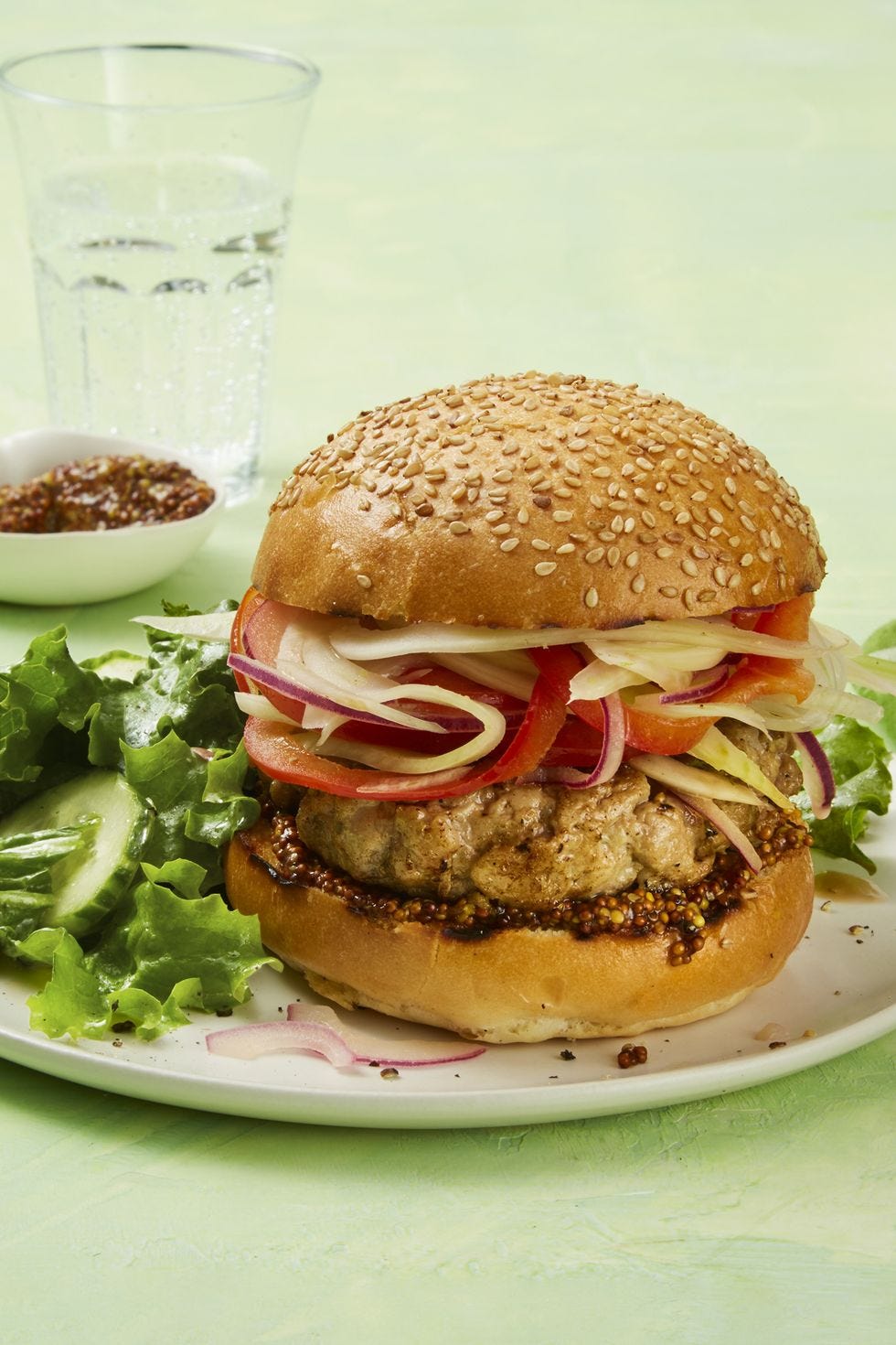 italian sausage burger with marinated peppers and onions