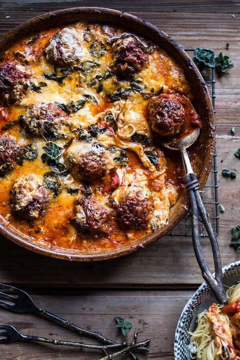 simple baked italian sausage meatballs in pot with spoon