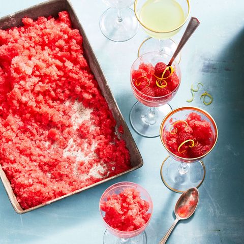 italian shaved ice granita in a metal pan with glasses