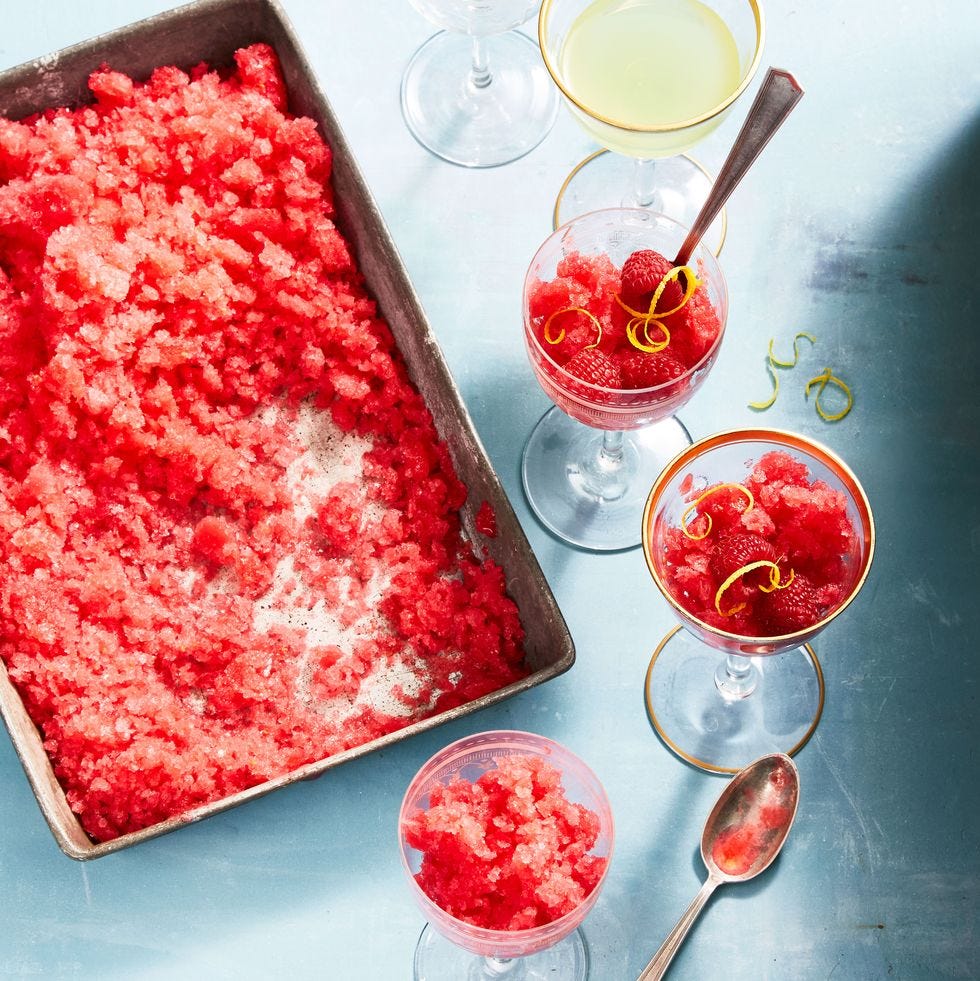 red shaved ice with raspberry syrup served in glasses