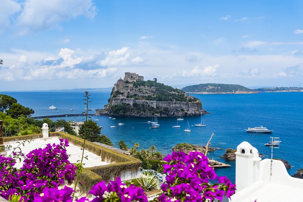 italy, campania, naples, gulf of naples, ischia island, aragonese castle on rock island