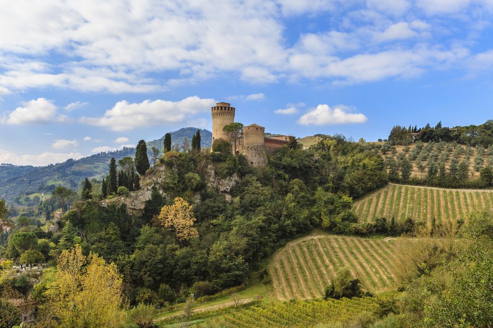 brisighella, italy october 26, 2014 the rocca manfrediana is a fortress built in 1310 on one of the three chalky pinnacles that dominate the village of brisighella after the restorations it hosts a museum