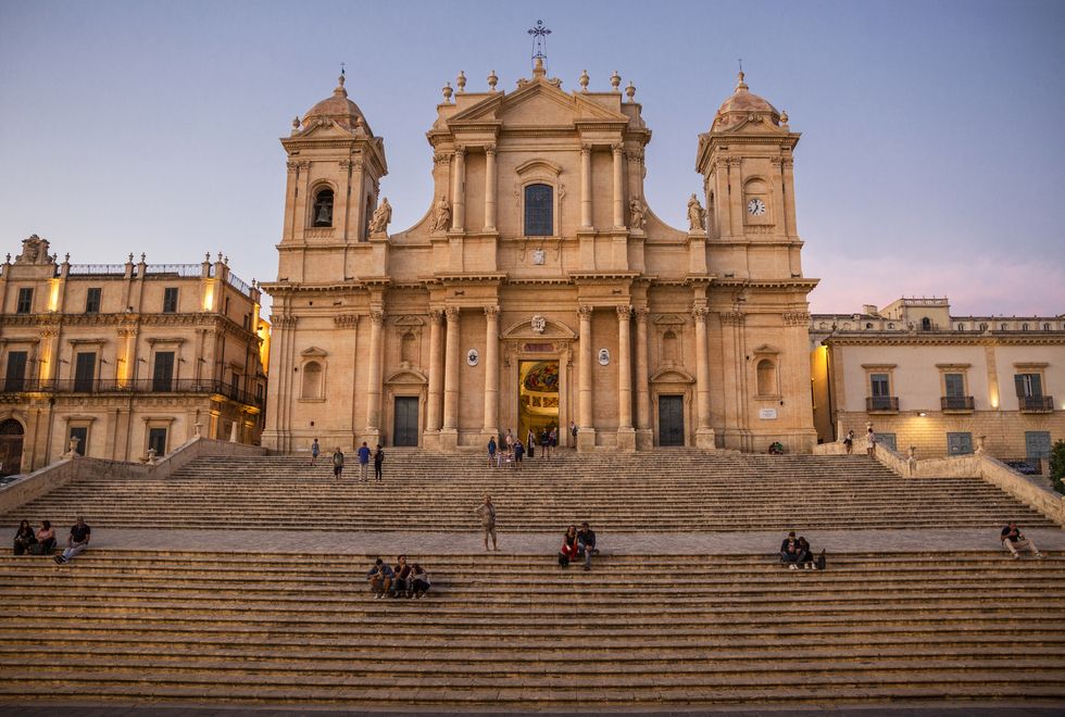 italy, sicily, syracuse province, val di noto, noto, noto cathedral in the evening