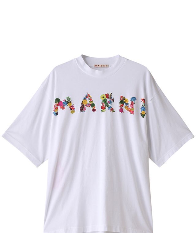 a white t shirt with colorful designs
