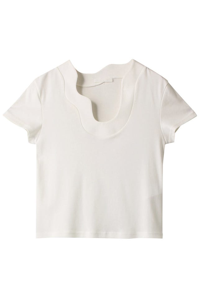 a white t shirt with a black strap