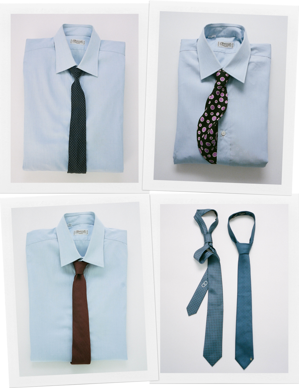 variety of dress shirts with different ties arranged flat