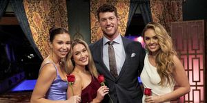 bachelorette contenders susie evans, rachel recchina, and gabby windey posing with bachelor clayton echard