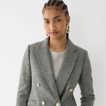a model wears a jcrew blazer in a jcrew bristol blazer review