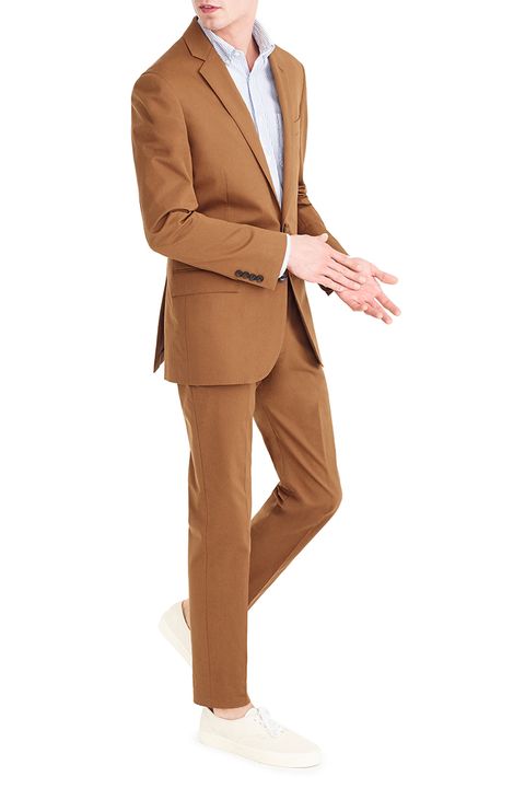 Suit, Clothing, Standing, Outerwear, Blazer, Tan, Brown, Formal wear, Beige, Suit trousers, 