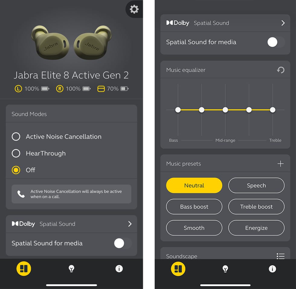 user interface for jabra elite 8 active gen 2 earbuds settings