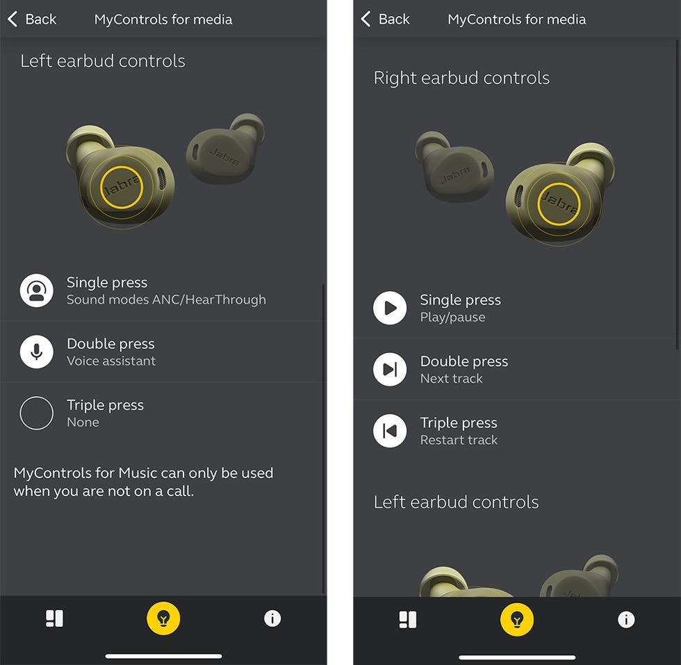 controls for left and right earbuds displayed on a mobile app interface