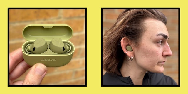 wireless earbuds in a charging case with a person wearing one earbud