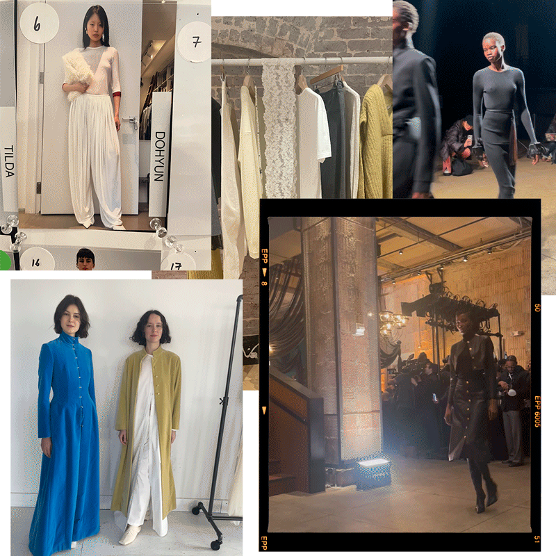 fashion showcase featuring garments on models and hanging displays in a stylistic setting