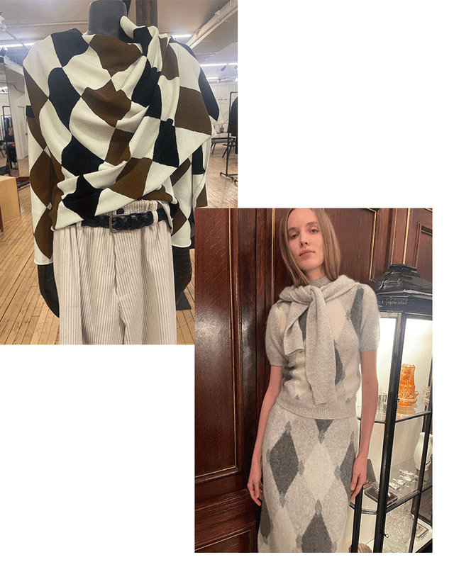two outfits featuring diamond patterns and knitted fabric