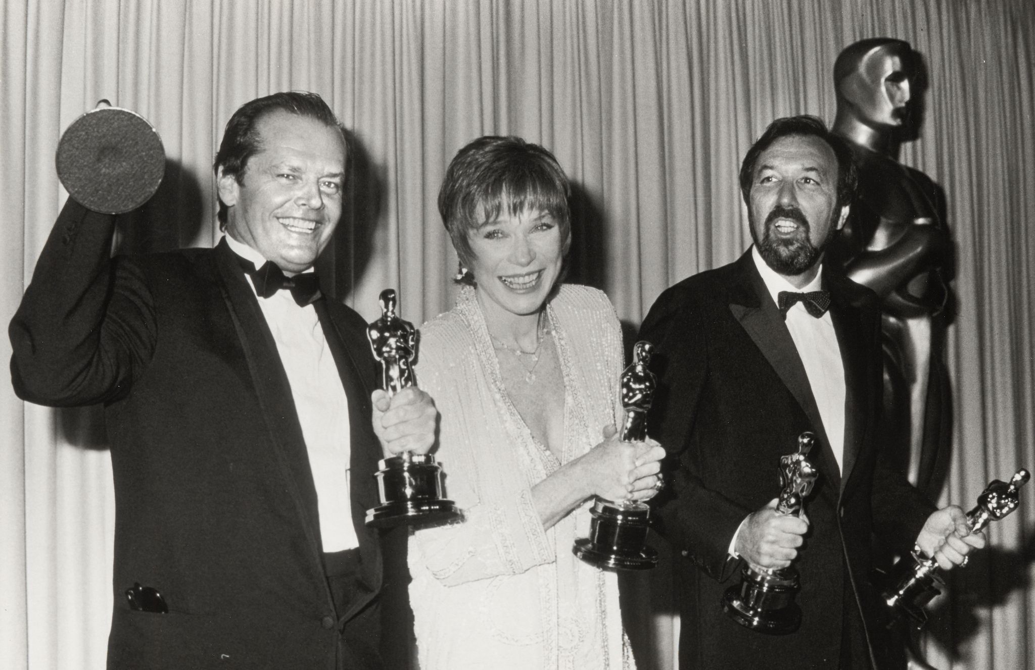 jack nicholson, shirley maclaine and james l brooks, winners for terms of endearment photo by ron galellaron galella collection via getty images