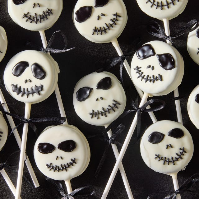 Jack Skellington Oreo Pops white chocolate covered oreo pops decorated as jack skellington with icing