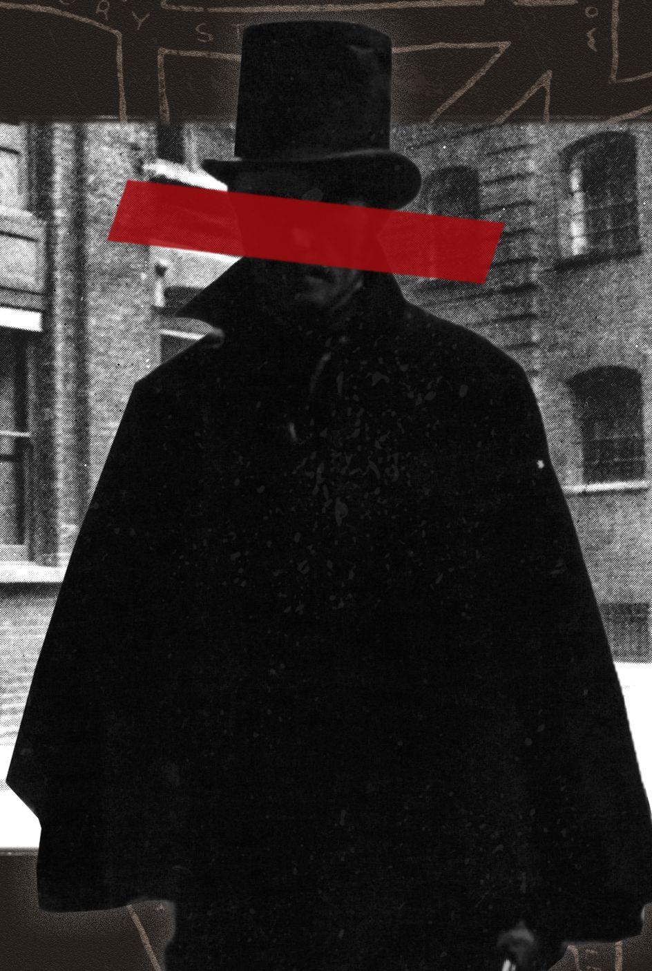 a man in a top hat with identity obscured, mitre square in london, map of whitechapel