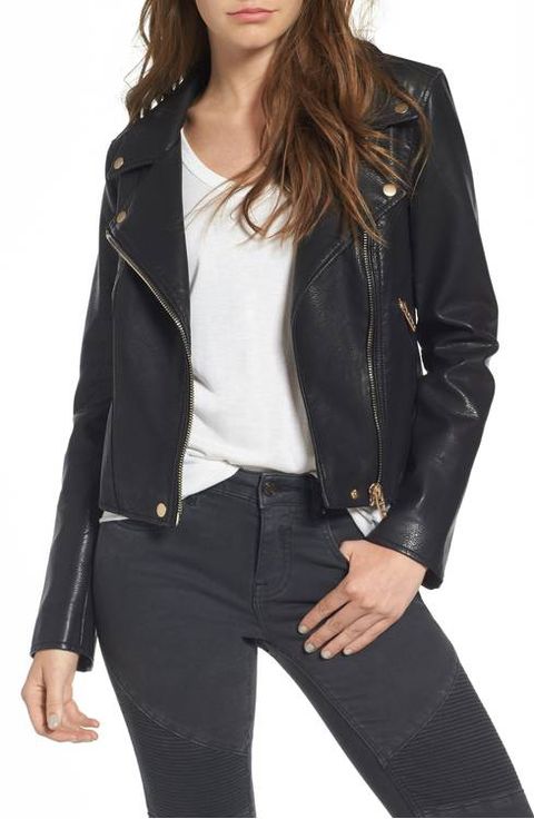 Clothing, Jacket, Leather, Leather jacket, Outerwear, Sleeve, Top, Textile, Blazer, Neck, 