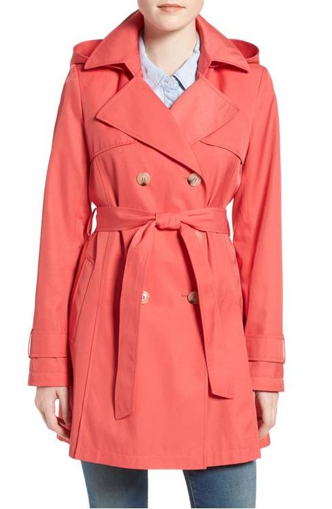 Clothing, Trench coat, Coat, Outerwear, Overcoat, Sleeve, Pink, Jacket, Collar, Hood, 