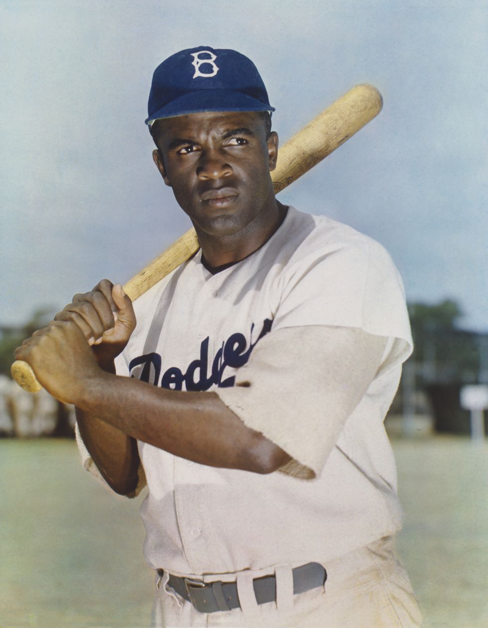 jackie robinson 1919 1972, major league baseball player, half length portrait wearing brooklyn dodgers uniform, robert f cranston, frank livia, bill klein, harry warnecke, 1949