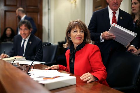 jackie speier wearing a black and red suit during a congressional hearing